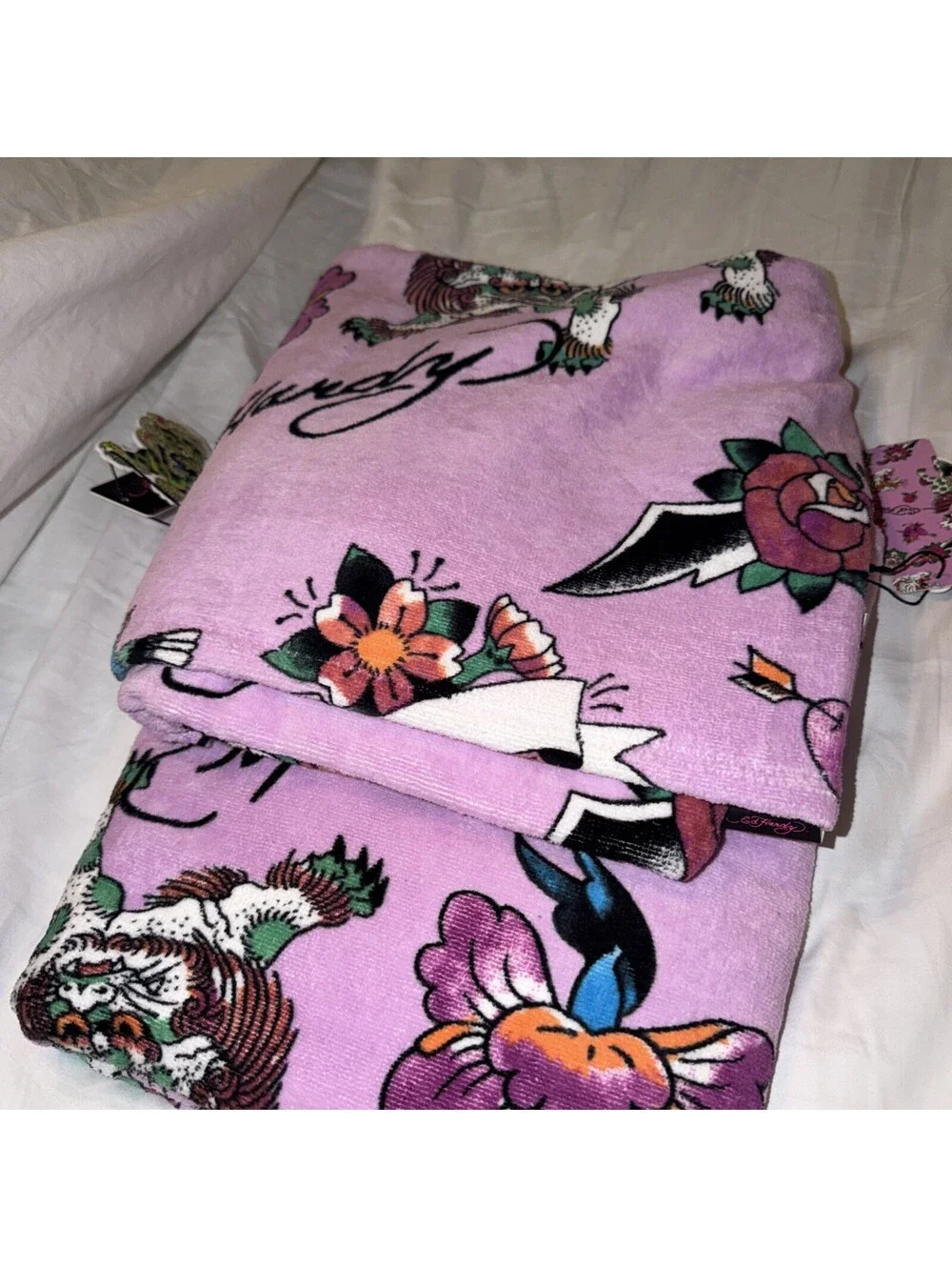 Ed Hardy Purple Bath Towel 4 Piece Set, 100% Cotton 2 Bath Towels 2Hand Towels